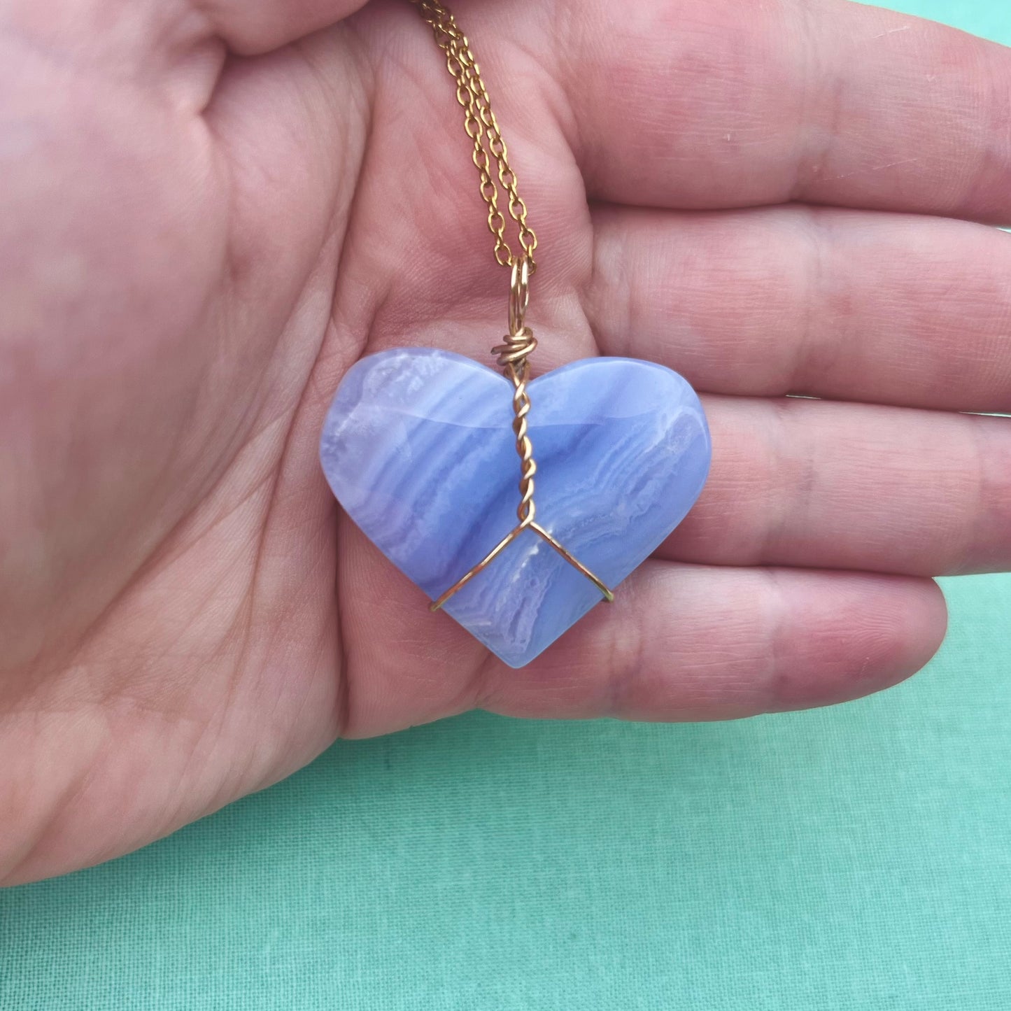 Blue Lace Agate Heart On Gold Plated Chain | Pre-Made Necklace