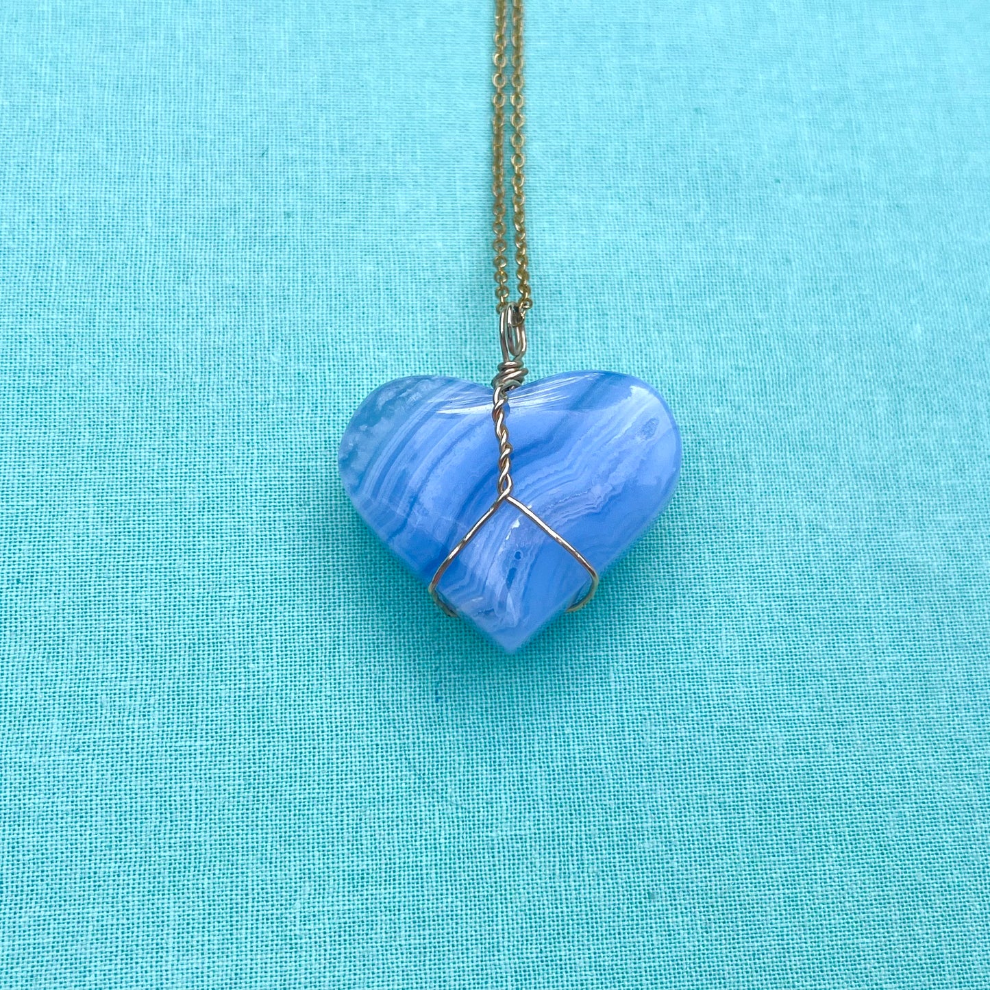 Blue Lace Agate Heart On Gold Plated Chain | Pre-Made Necklace